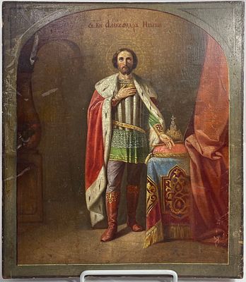 Икона "Святой Благоверный Князь Александр Невский". Дерево "Кипарис", шпонка. Конец XIXв. - 