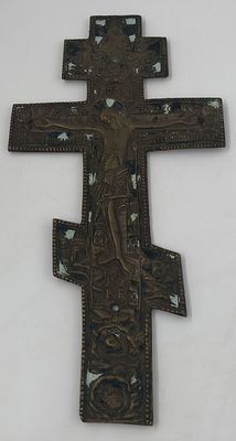 Крест Старообрядческий киотный. Вторая половина XIXв. Латунь, двухцветная эмаль. Надписи по 