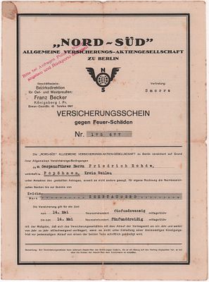 Полис №175677 страхования от пожара, выданный Страховым обществом &laquo;NORD-S&Uuml;D&raquo; Allgemeine 