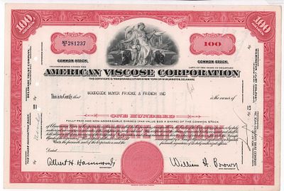 Акция 100 shares компании American Viscose Corporation. Серия NY/C № 281237, 1963г. Размер: 20 