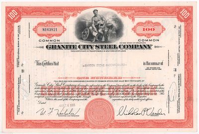 Акция 100 shares компании Granite City Steel. Серия N № 163821, 1965г. Размер: 20,5х30,5см. 
