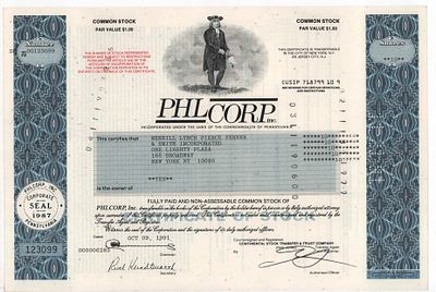 Акция 10 shares компании Philcorp inc. Серия ZQ № 00123099, 1991г. Размер: 20,50х30,5см.