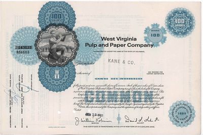 Акция 100 shares компании West Virginia Pulp and Paper Company. Серия А № 66603, 1969г. Размер: 