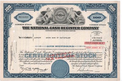 Акция 100 shares компании The National Cash Register Сompany. Серия N № 113383, 1974г. Размер: 