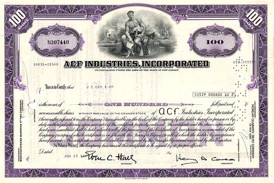Акция 100 shares компании ACF Industries, Incorporated. Серия N № 307440, 1976г. Размер: 20 