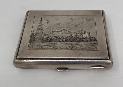 Серебряный портсигар с изображением Московского Кремля. Штихель, позолота. Фирма "ТФ7", 875 