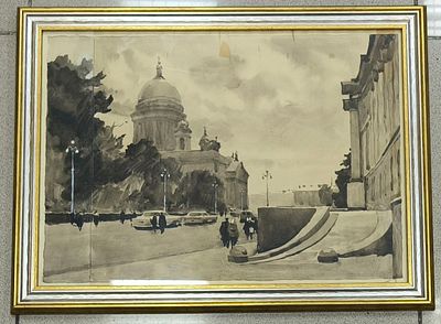 Семенов Б.А. Ленинградский мотив 1955 г. Бумага, акварель 38Х53 (лист из двух частей). Семенов 