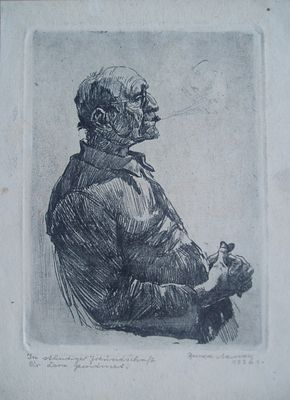 Ламан Э. С трубкой 1956 г. Офорт 20,5Х15. Ламан Эрика (1927 г.р.) Немецкая художница, график и 