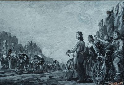 Лаптев В.Я. Велокросс ( Южный Урал) 1952 г. Картон, гуашь 17Х25. Лаптев Василий Яковлевич (1918 