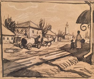 Симонов И.И. Водовоз 1950-е гг. Бумага, тушь, 29Х33. Симонов Игорь Иванович (1927-2019) 