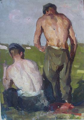 Симонов И.И. Жаркий день 1950-е гг. Картон, масло 32Х22. Симонов Игорь Иванович (1927, Тобольск- 