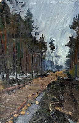 Нестеров И.Н Строительство ж/д Ивдель-Обь 1961 г. Картон, масло 37Х23. Нестеров Иван Наумович 