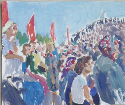 Сосновская А.Е. Праздник. стадион 1950-е гг. Бумага, масло 23Х27. Сосновская Аврора Ефимовна 