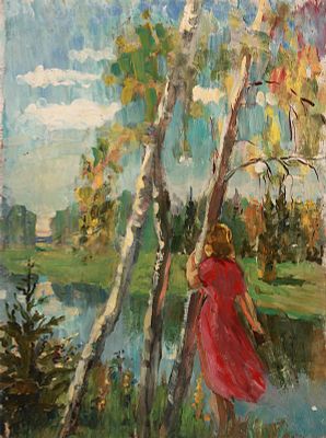 Сосновская А.Е. На берегу (в красном платье) 45Х34 к.м. 1970-е. Сосновская Аврора Ефимовна 