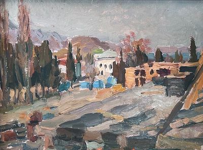 Сосновская А.Е. Алушта 1950-е гг. Картон, масло 24Х32. Сосновская Аврора Ефимовна 