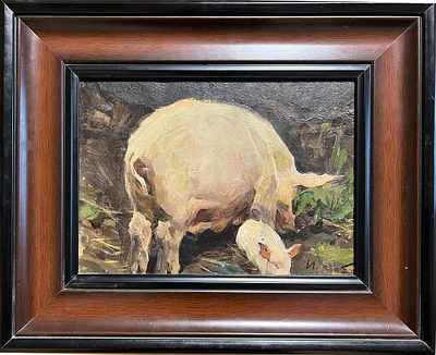 Симонов И.И. На свиноферме 1960-е гг. Картон, масло 25Х35. Симонов Игорь Иванович (1927-2019) 