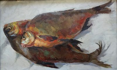 Глушков Б.П. Свежая рыба 1958 г. Холст, масло 38Х64. Глушков Борис Павлович (1918 – 1981) 