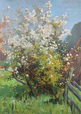 Трясцин В.В. Цветущий сад 1958 г. Оргалит, масло 70Х50. Трясцин Виктор Вениаминович (1923 – 