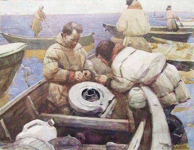 Бурак А.Ф. Новый мотор. 1965. Бумага, акварель 52х62. Бурак Александр Филиппович (1921 - 1997) 