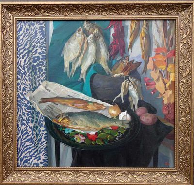 Платонов Ю.В. Натюрморт с рыбой 2006 г. Картон, масло 75Х80. Платонов Юрий 