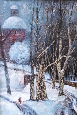 Новиченко В.А. Зимние деревья (с храмом) Картон, смешанная техника 88Х59,5. Новиченко Валентин 