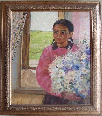 Мустафин Г.С. Отличница Хадига 1957 г. Картон, масло 42Х36