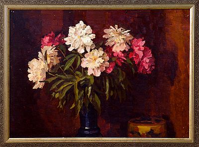 Мельников Д.И. Пионы 1962г. Картон, масло 50Х78. Мельников Дмитрий Иванович (1923-1999) 