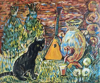 Винокуров В. С. Чёрный кот 1993 г. Холст, масло 50Х60. Винокуров Виктор Семёнович (род. 1949) 