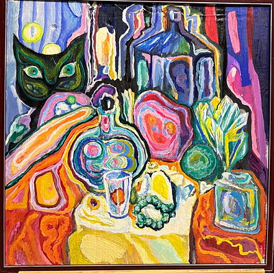 Хабаров Л.Л. Натюрморт с котом 2001г. Картон, масло 57Х57. Хабаров Лев Леонидович (р. 1950) - 