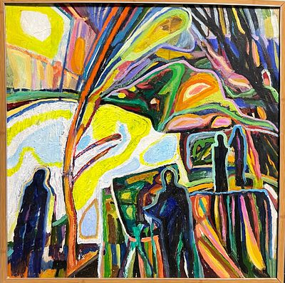 Хабаров Л.Л. Художник в городе 1997 г. ДВП, масло 60Х60. Хабаров Лев Леонидович (р. 1950) - 