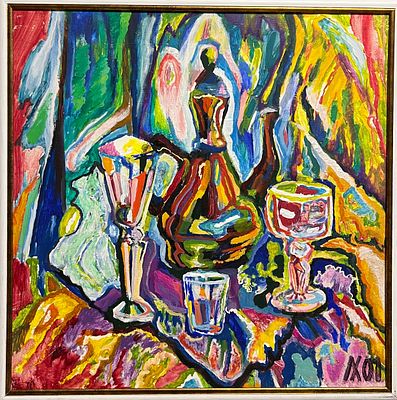 Хабаров Л.Л. На троих 2001 г. Оргалит, масло 61Х61. Хабаров Лев Леонидович (р. 1950) - живописец 