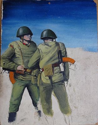 Терещенко Игорь .Два солдата. Афганистан. 1990-е гг. Картон, масло 28Х22