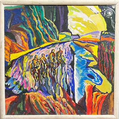Хабаров Л.Л. Велосипедисты на Чусовой 2007 г. Оргалит, масло 70Х70. Хабаров Лев Леонидович (р. 