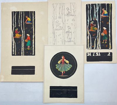 Эскизы для шкатулок Федоскино. Н/х. 50-60-е гг. Бумага, гуашь, карандаш. 4 эскиза, размеры- 