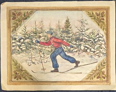 Эскиз для шкатулок Федоскино. "Лыжник" Н/х. 50-60-е гг. Бумага, акварель, карандаш. размер - 22 