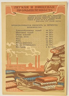 Мини-плакат. "Легкая и Пищевая промышленность. Директивы XIX съезда партии". Пропаганда. 