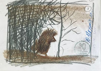 Автограф реж/мульт.Норштейн Ю.Б., "Ёжик выходит из леса", выбита авторская печать -экслибрис 