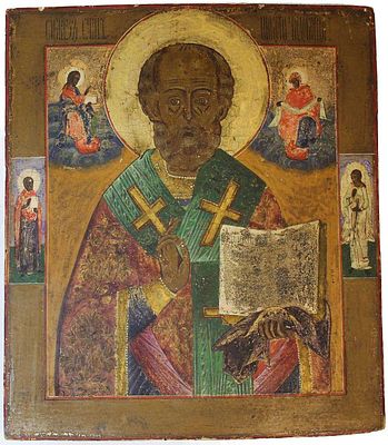 Икона `Св. Николай Чудотворец с предстоящими`. Россия. Вторая половина XIX века. Дерево 