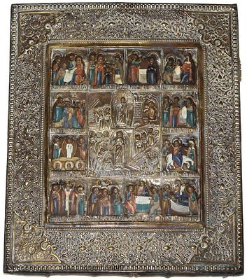 Икона `Воскресение Христово - сошествие в ад` с 12 клеймами двунадесятых праздников. Россия. 