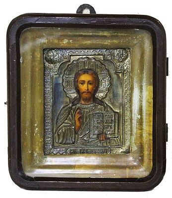 Икона `Господь Вседержитель` в киоте. Россия. Кон. XIX - нач. ХХ века. Икона `Господь Вседержитель`.