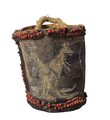 Aboriginal Oceanic Bark Bucket With Polychromed Painted Animals Possibly Late 19th Century. 