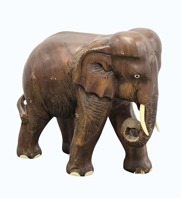 A Fine Vintage Hand Carved Wooden Elephant Figure (SOME CRACKS IN WOOD). A Fine Vintage Hand 
