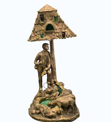 Antique Figural Stained Glass Lamp Very KQQL. Measures Approx. 24" X 11.5" X 13.5" . All items 