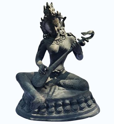 Vintage Bronze Seated Nepalese Goddess Saraswathi. Measures Approx. 12" x 10" x 7.5". All items 