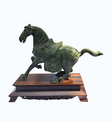 Heavy Bronze Chinese Horse on Hardwood Stand. Horse Measures Approx. 17 3/4" x 12" x 5". All 