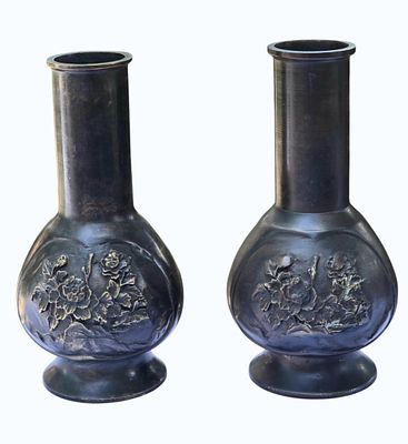 19th C Pair Of Japanese Bronze Vases. Measures Approx. 7" x 4" x 4". All items must be 