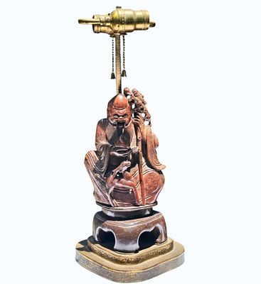 Antique Chinese Soapstone Buddha Lamp. Measures Approx. overall 17" (7 1/2" x 6" Base). All 