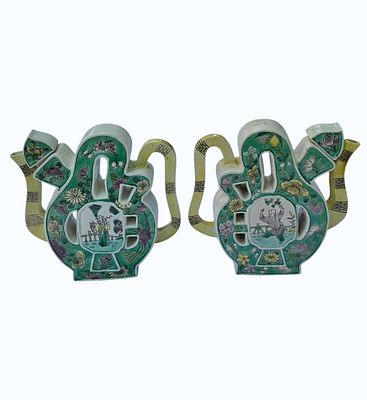 Pair of Chinese Famille Verte Porcelain Teapots. Measures Approx. 8" x 8 1/4" x 2". All items 