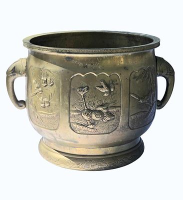 19th C Japanese Bronze Planter. Measures Approx. 9 1/4" x 14". All items must be retrieved or 