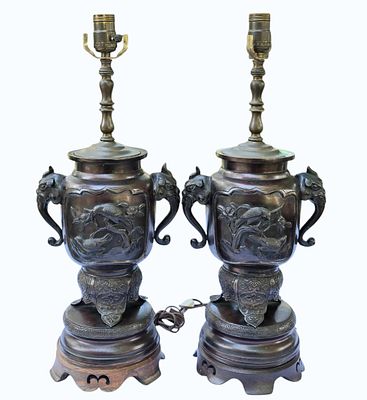 Pair Fine 19th C Japanese Bronze Vases/Lamps Decorated w/Birds & Elephant Handles. Pair Fine 